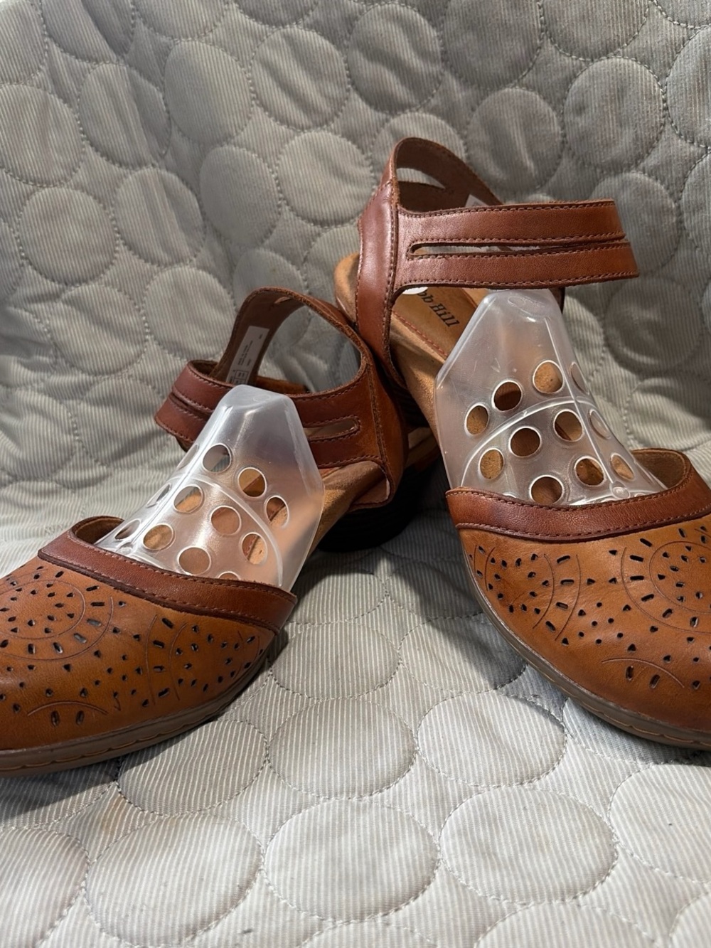 Women’s Brown Perforated Leather Mary Jane Flats with Adjustable Strap